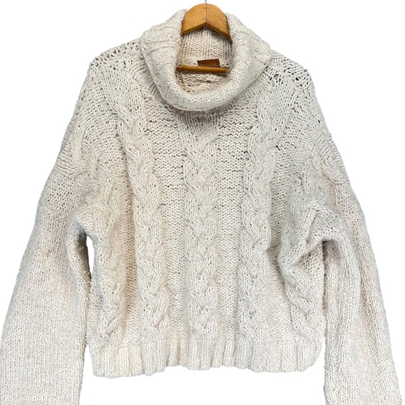 POL Womens Cream Cable Knit Chunky Oversized Cowl Neck Sweater Pullover Large - Picture 1 of 5